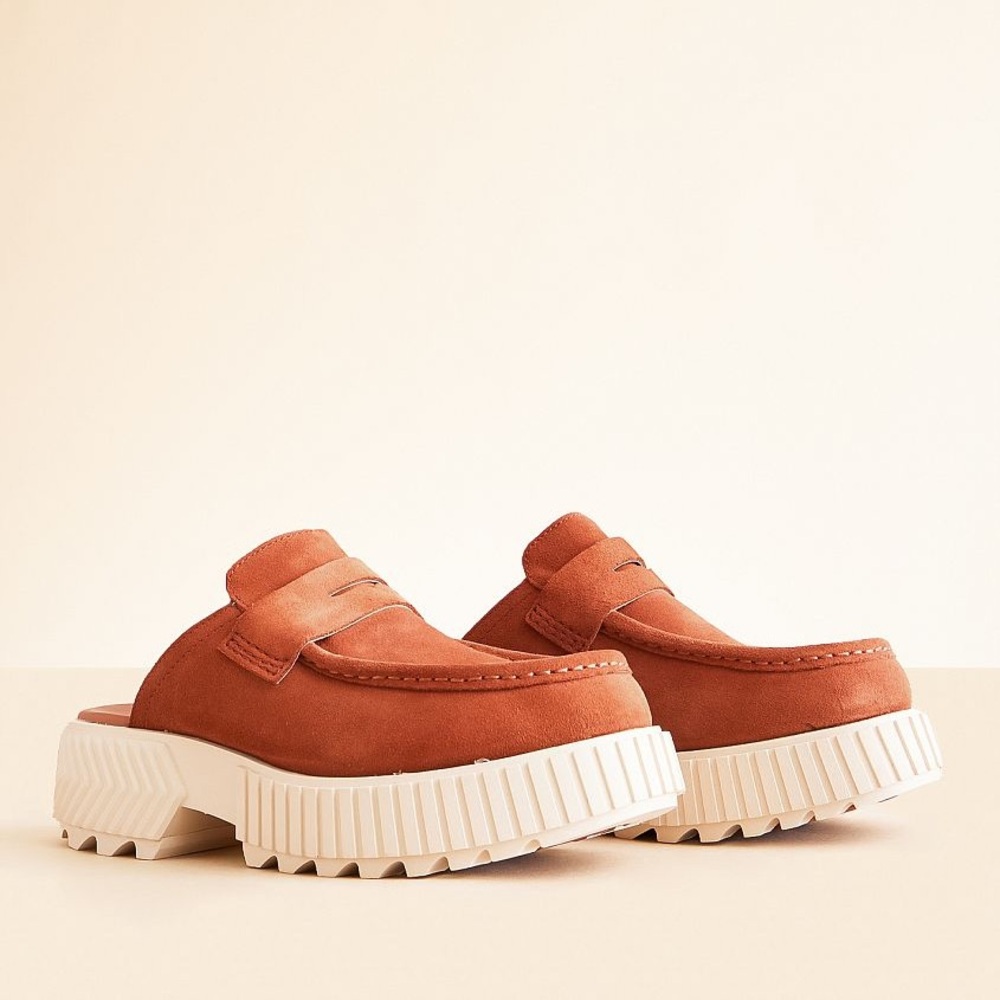 Sorel Suede Penny Mule in Burnt Orange and Cream Platform
